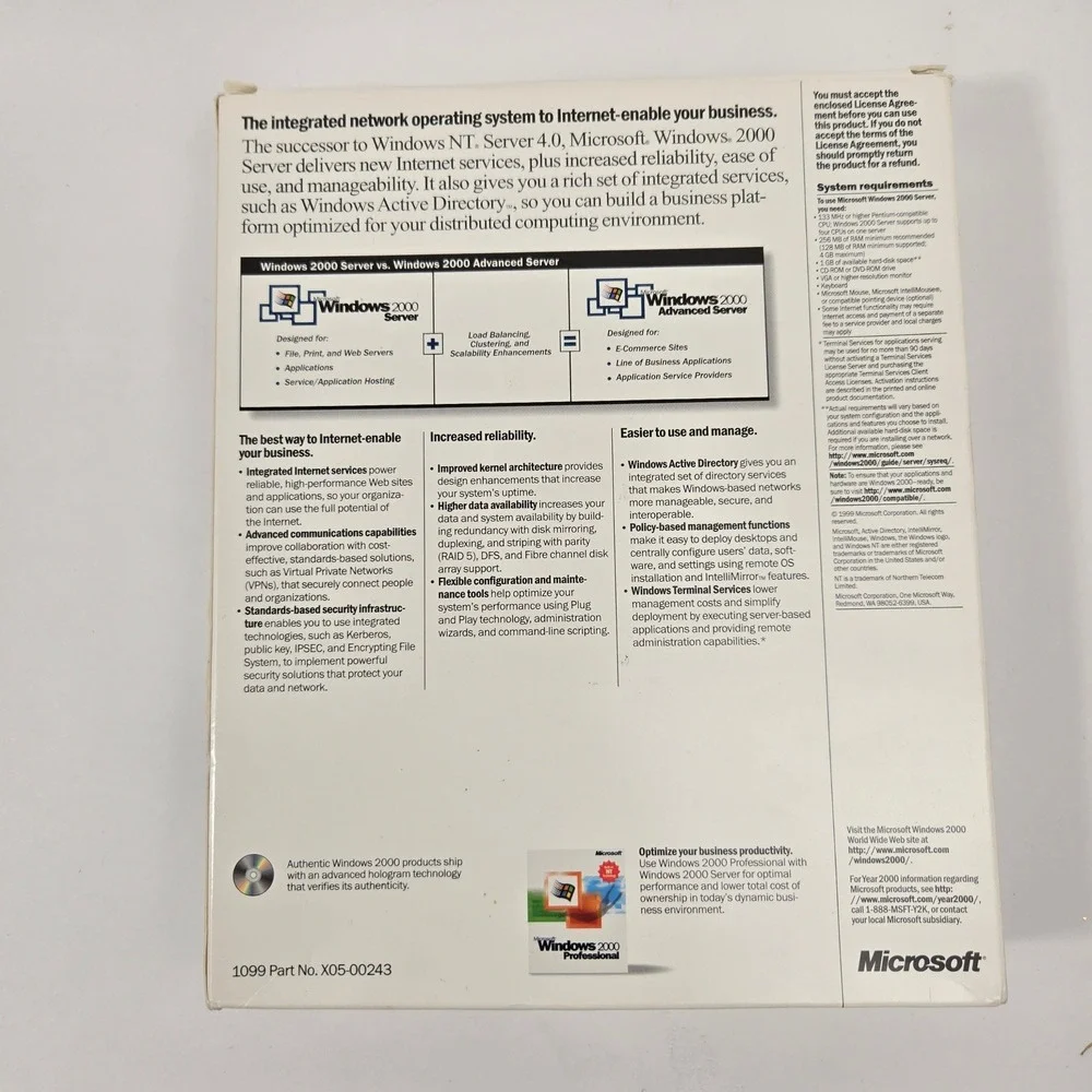 Vintage Microsoft Windows 2000 Server Big Box Complete 25 CALs CIB Product Key